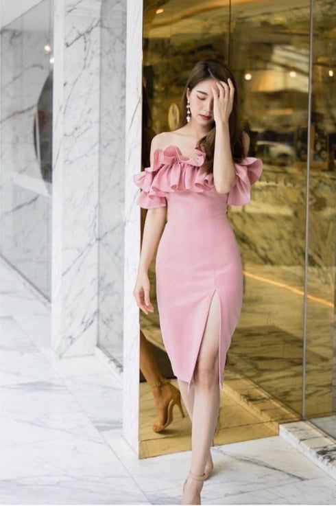 Women Ruffle Off-Shoulder Side Slit Dress